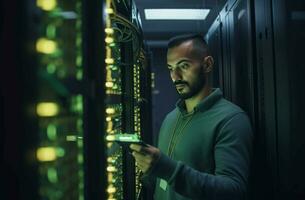 Man data center server. Generate Ai photo