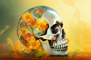 Glass skull art flowers. Generate Ai photo