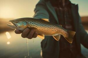 Man holding trout. Generate Ai photo