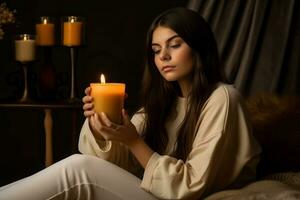 Cozy burning aroma candles woman. Generate Ai photo