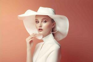 Woman white costume hat. Generate Ai photo