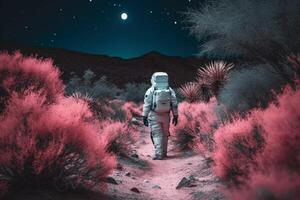 Astronaut pink planet spacesuit. Generate Ai photo