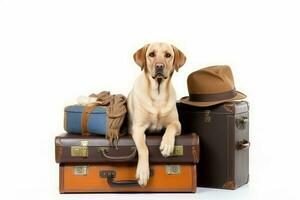 Labrador hat suitcases travel. Generate Ai photo