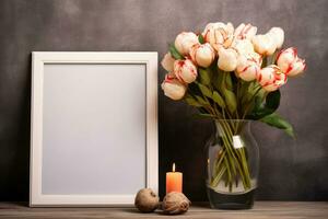 Blank photo frame for mockup design with TULIPS and valentine elements, AI Generated