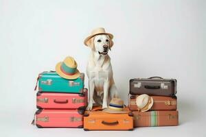 Labrador hat suitcases trip. Generate Ai photo