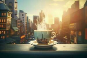 Cup coffee steam city. Generate Ai photo