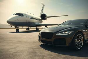 Luxury car private jet. Generate Ai photo