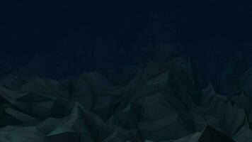 Flying over a spooky mutating rocky low poly terrain landscape at night. Dark blue motion background animation. video