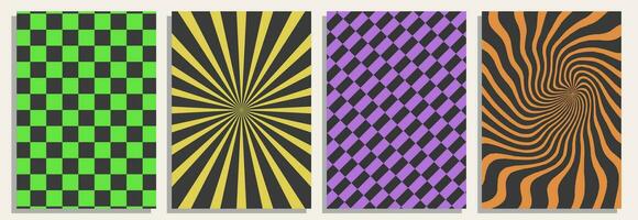 Four psychedelic retro backgrounds, templates, papers, covers, vector abstract graphics, 90s old fashioned backdrops.