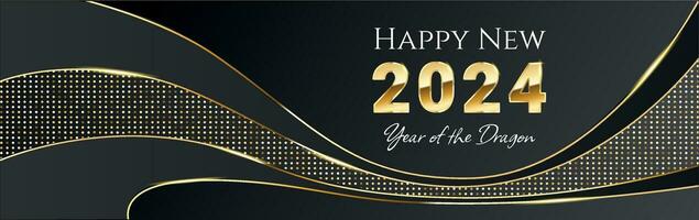 Happy New Year banner, 2024 Happy New Year invitation in black and gold realistic vector graphics, abstract background with greeting text.