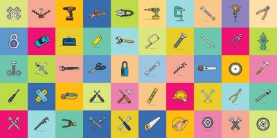 Collection of vector design icons of car repair for modern concepts. Automobile, car repairing service tools and elements vector illustration. Auto service, car garage 50 isolated icons set.