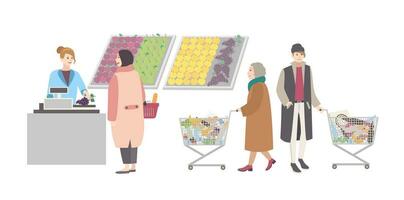 Concept for supermarket or shop. Different people with shopping cart weighed goods in vegetable department. Girl weighs purchases. Colorful flat vector illustration.