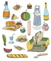 mano dibujado picnic artículos colocar. colección con varios alimento, bebidas, cesta ilustración. vector