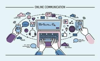 online communication lineart banner. gadgets, information technology, communications, messaging, chat, media. Colorful flat style vector illustration.