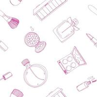 Fashion cosmetics seamless pattern with make up artist objects. Colorful vector hand drawn illustration.