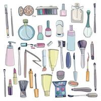 Moda productos cosméticos conjunto con hacer arriba artista objetos. vistoso vector mano dibujado ilustración recopilación.