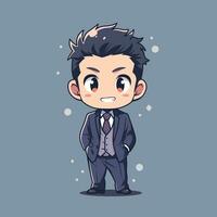 Cute little boy in business suit. Vector illustration in cartoon style