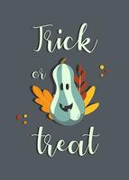 Vector Halloween poster with Jack o lantern and Trick or treat inscription. Halloween poster with a grey green pumpkin and orange leaves.