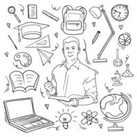 Teacher brings a book and holds a pen with learning tools in doodle art design for world teacher day vector