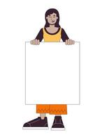 Cheerful female protester flat line color vector character. Woman with empty slogan blank. Editable outline full body person on white. Simple cartoon spot illustration for web graphic design