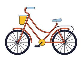 Bicycle with basket flat line color isolated vector object. Single track vehicle. Transport. Editable clip art image on white background. Simple outline cartoon spot illustration for web design