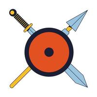 Crossed medieval weapon behind shield flat line color isolated vector object. Sword and spear. Editable clip art image on white background. Simple outline cartoon spot illustration for web design