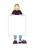 Woman holding banner flat line color vector character. Supportive demonstration. Positive girl. Editable outline full body person on white. Simple cartoon spot illustration for web graphic design