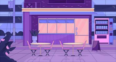 Urban storefront at night lo fi aesthetic wallpaper. Exterior store with tables, vending machine 2D vector cartoon cityscape illustration, purple lofi background. 90s retro album art, chill vibes