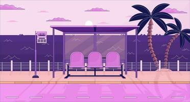 Bus stop bench on twilight waterfront lo fi aesthetic wallpaper. Waiting for bus, tropical city 2D vector cartoon landscape illustration, purple lofi background. 90s retro album art, chill vibes
