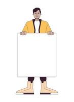 Angry protest flat line color vector character. Shouting slogans. Man holding placard. Editable outline full body person on white. Simple cartoon spot illustration for web graphic design