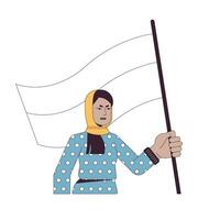 musulmán mujer con bandera plano línea color vector personaje. proteger derechos para mujer. protesta. editable contorno lleno cuerpo persona en blanco. sencillo dibujos animados Mancha ilustración para web gráfico diseño