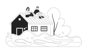 Scared people on flooded house roof monochrome concept vector spot illustration. Deep water. Rescue operation for flat bw cartoon characters for web UI design. Isolated editable hand drawn hero image