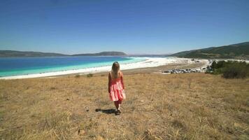 Mädchen mit blond Haar im ein Rosa Kleid Spaziergänge zu das Weiß sandig Strand durch das Meer beim Sommer- Urlaub video