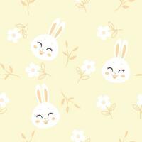 Seamless pattern with cute rabbit cartoon flowers and branches on yellow background illustration vector