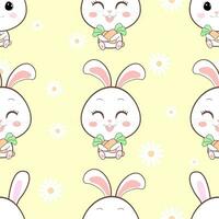 Seamless pattern with cute rabbit cartoon and flowers on yellow background illustration vector