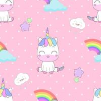 linda pequeño unicornio decorado con arcoiris, estrellas y nubes sin costura en un rosado antecedentes con blanco puntos vector