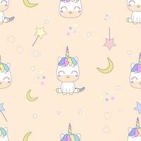 Cute cartoon unicorn, heart, circle, decorative elements on a pastel background. Flat vector style for children. Animals. Hand drawn. Baby design for fabric. Print. Wrapping paper.