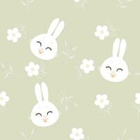 Seamless pattern with cute rabbit cartoon Flowers and branches on green background illustration. vector