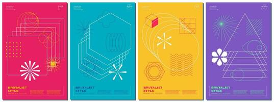 Trendy abstract brutalism poster set with different geometric shapes. Modern brutalist style retro futuristic minimal prints with simple figures and graphic elements. Brutal y2k vector eps prints