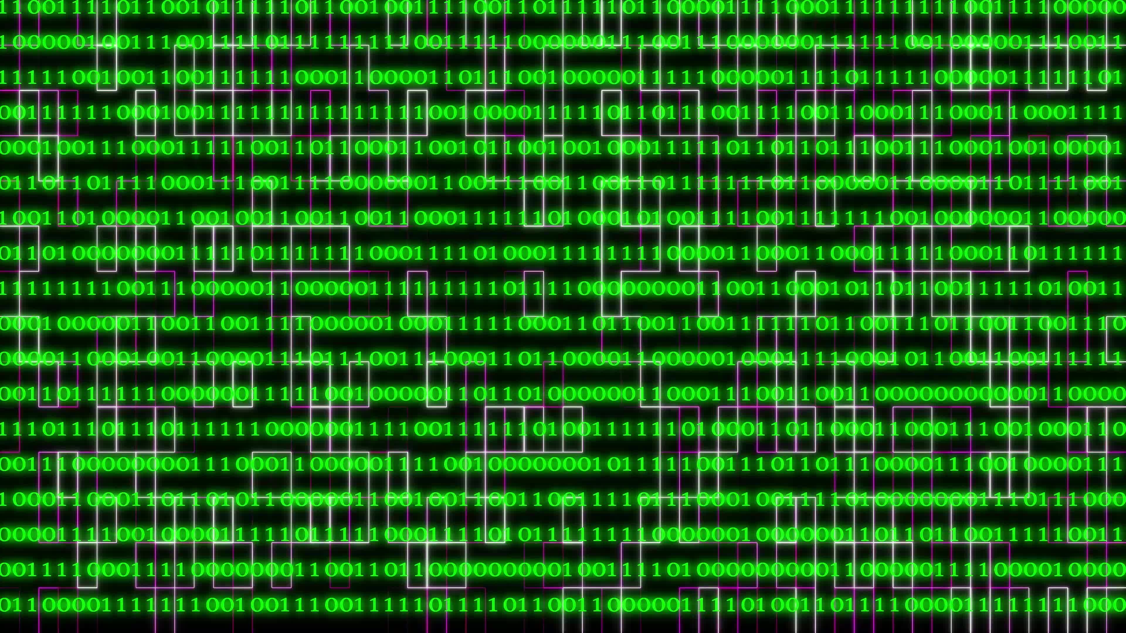 Binary code black and green background with digits moving on screen ...