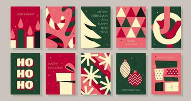 Merry Christmas and Happy New Year greeting card set. Hand drawn Trendy Winter Holidays art templates. Vector illustration