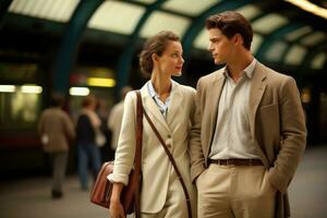 Happy couple is standing at railway station and waiting for arrival of their train with luggage. AI Generated photo