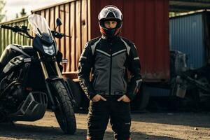 man wearing motorcycle gear and helmet, AI Generated photo