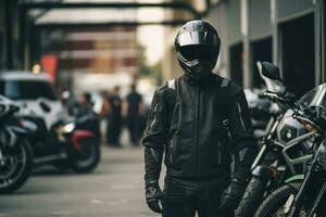 hombre vistiendo motocicleta engranaje y casco, ai generado foto