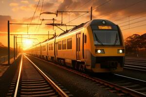 tren llegando a un autobús detener, ai generado foto