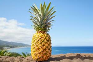 Ripe yellow pineapple with the spiky crown photo