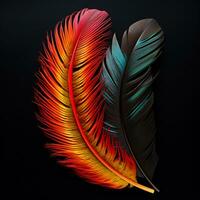 Vibrant contrast of an feather on black background photo