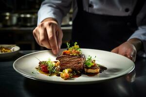 A chef arranging food on a plate close up shot photo