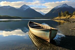 A boat sits on shore of a lake with background of mountain photo