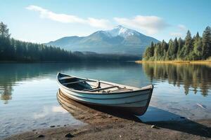 A boat sits on shore of a lake with background of mountain photo